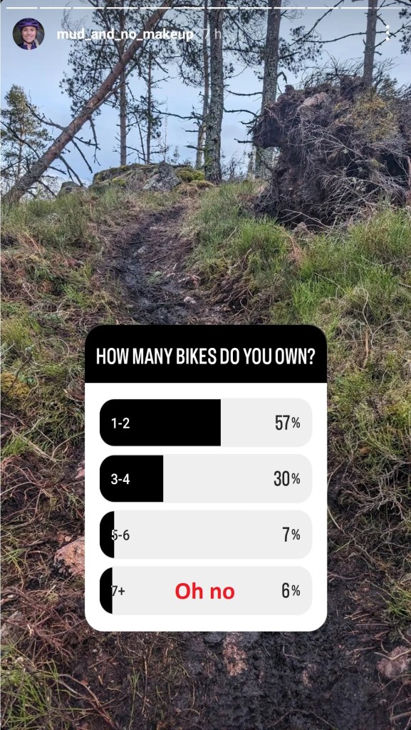 Instagram poll from user mud_and_no_makeup showing majority of respondents own 1-2 or 3-4 bikes, with 6% owning 7+.